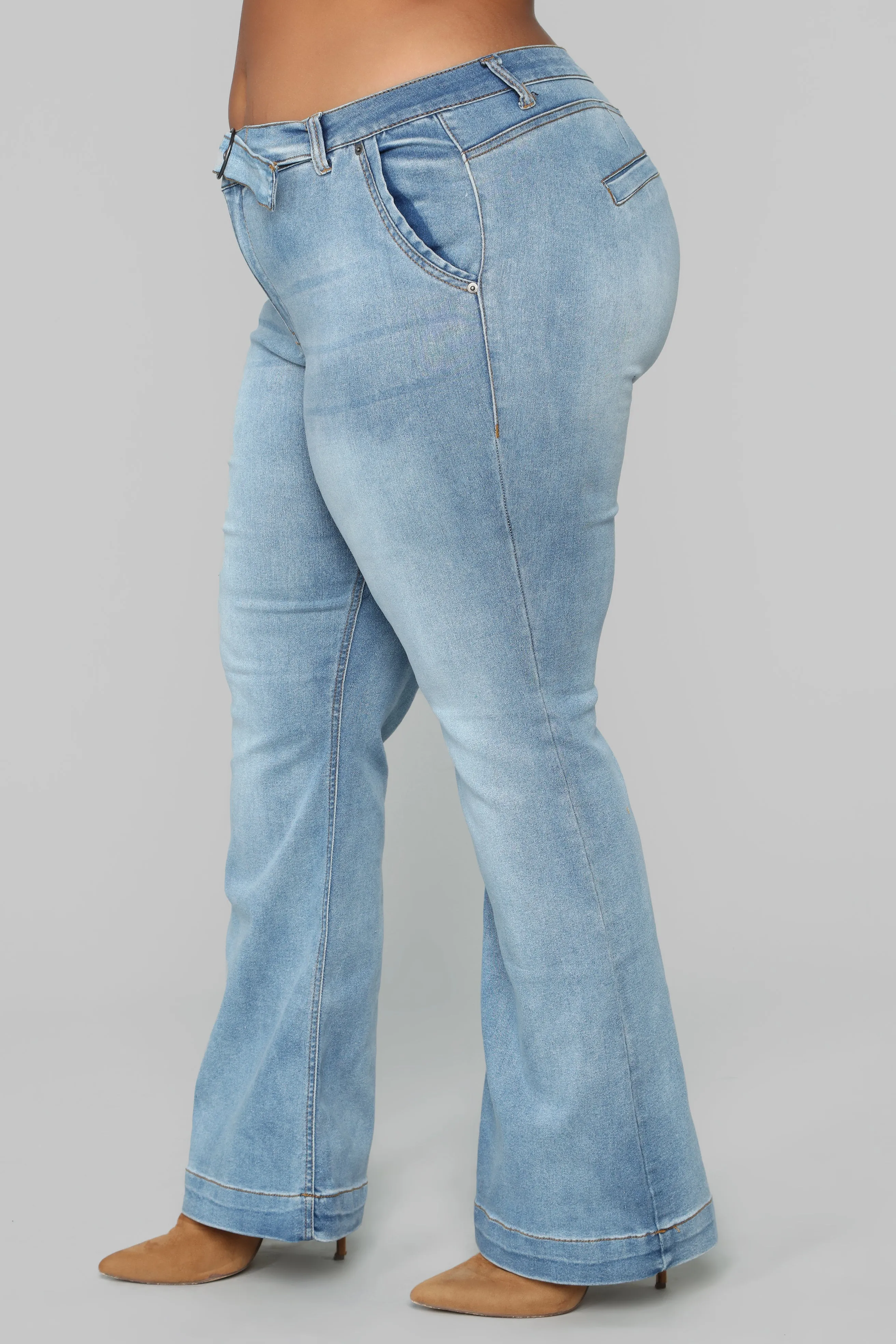 A Game Belted Flare Jeans - Medium Blue Wash