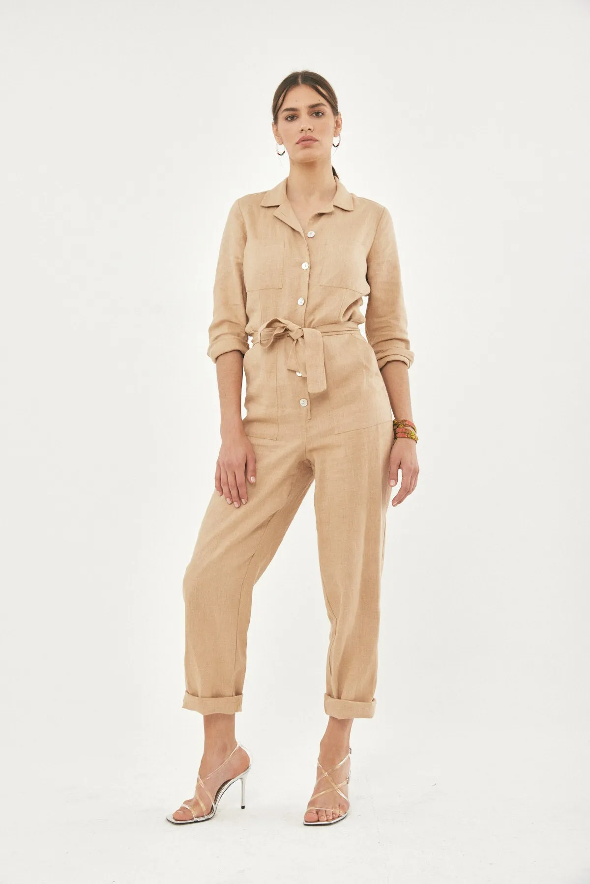 ALONA BELTED NATURAL LINEN JUMPSUIT