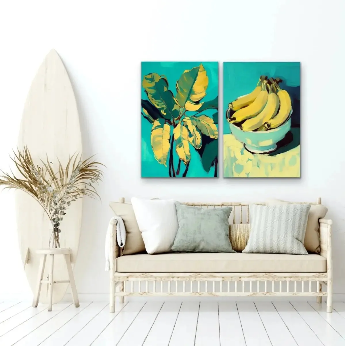 Banana and Banana Leafs - Two Piece Yellow and Turquoise Painted Print Set by Treechild