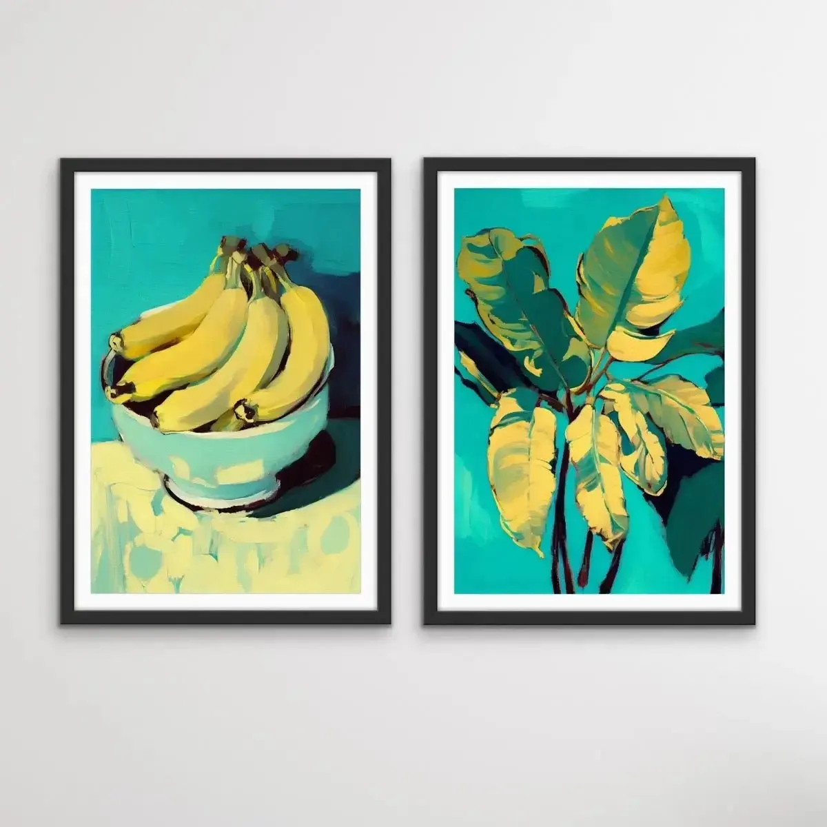 Banana and Banana Leafs - Two Piece Yellow and Turquoise Painted Print Set by Treechild