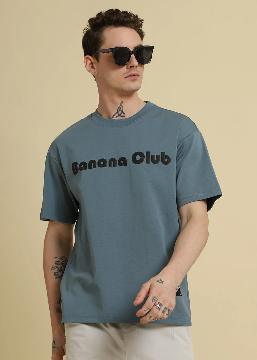 Banana Club Embossed Blue Oversized Fit T-shirt