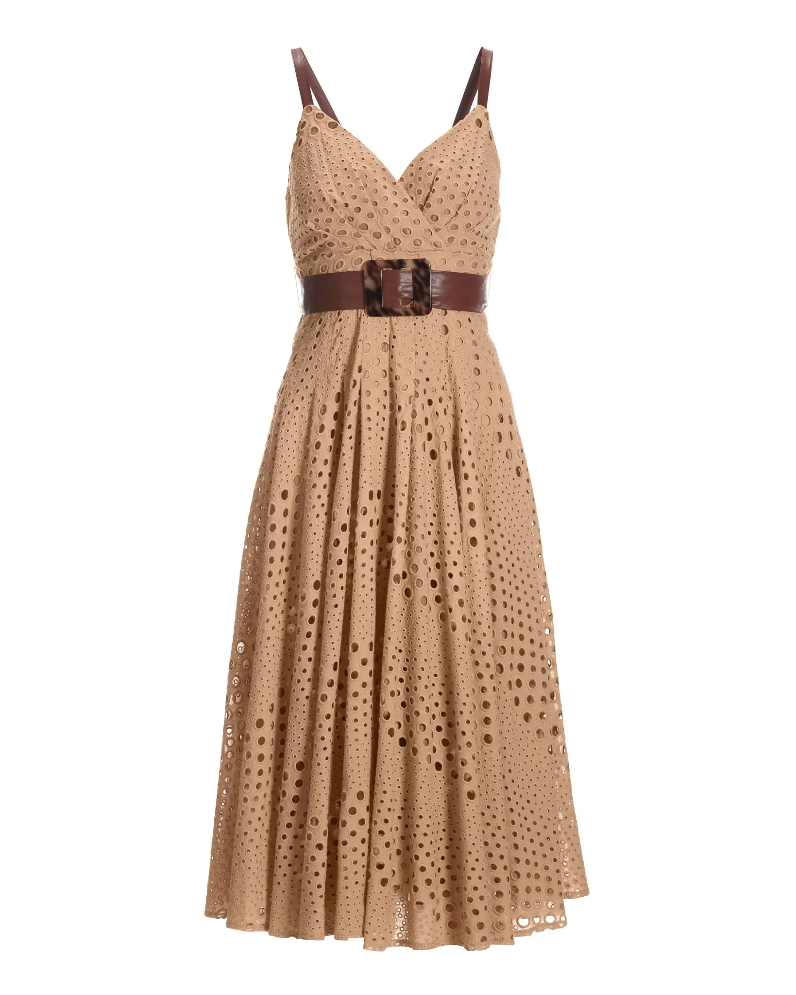 Belted Eyelet Midi Dress Tan