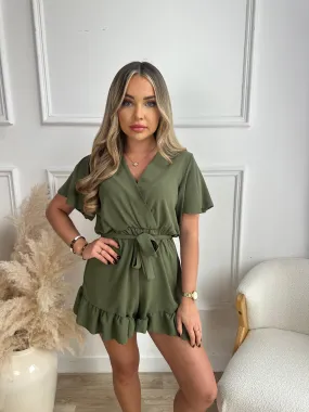 belted frill playsuit - khaki