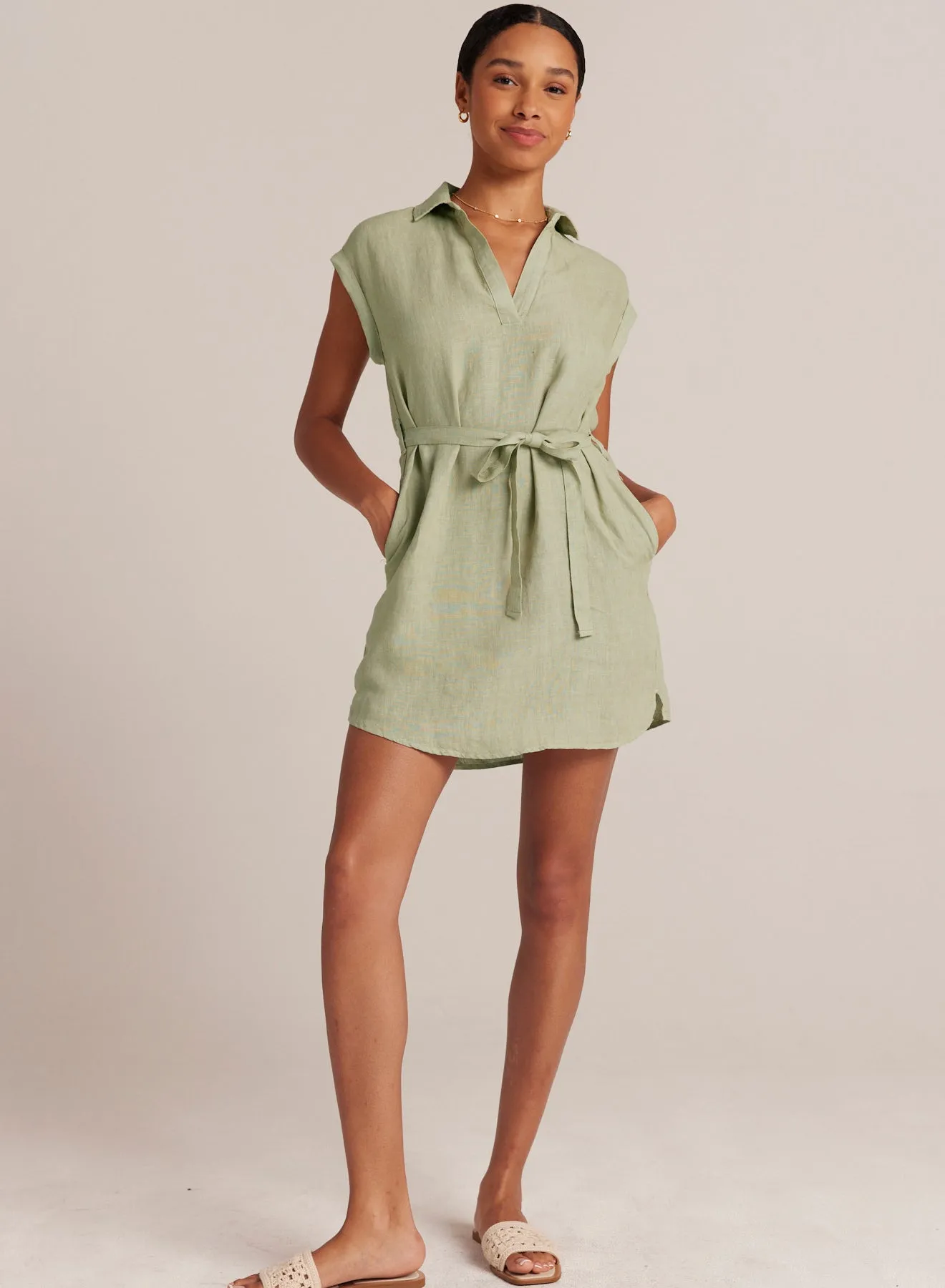 Belted Linen  Shirt Dress - Pale Palm