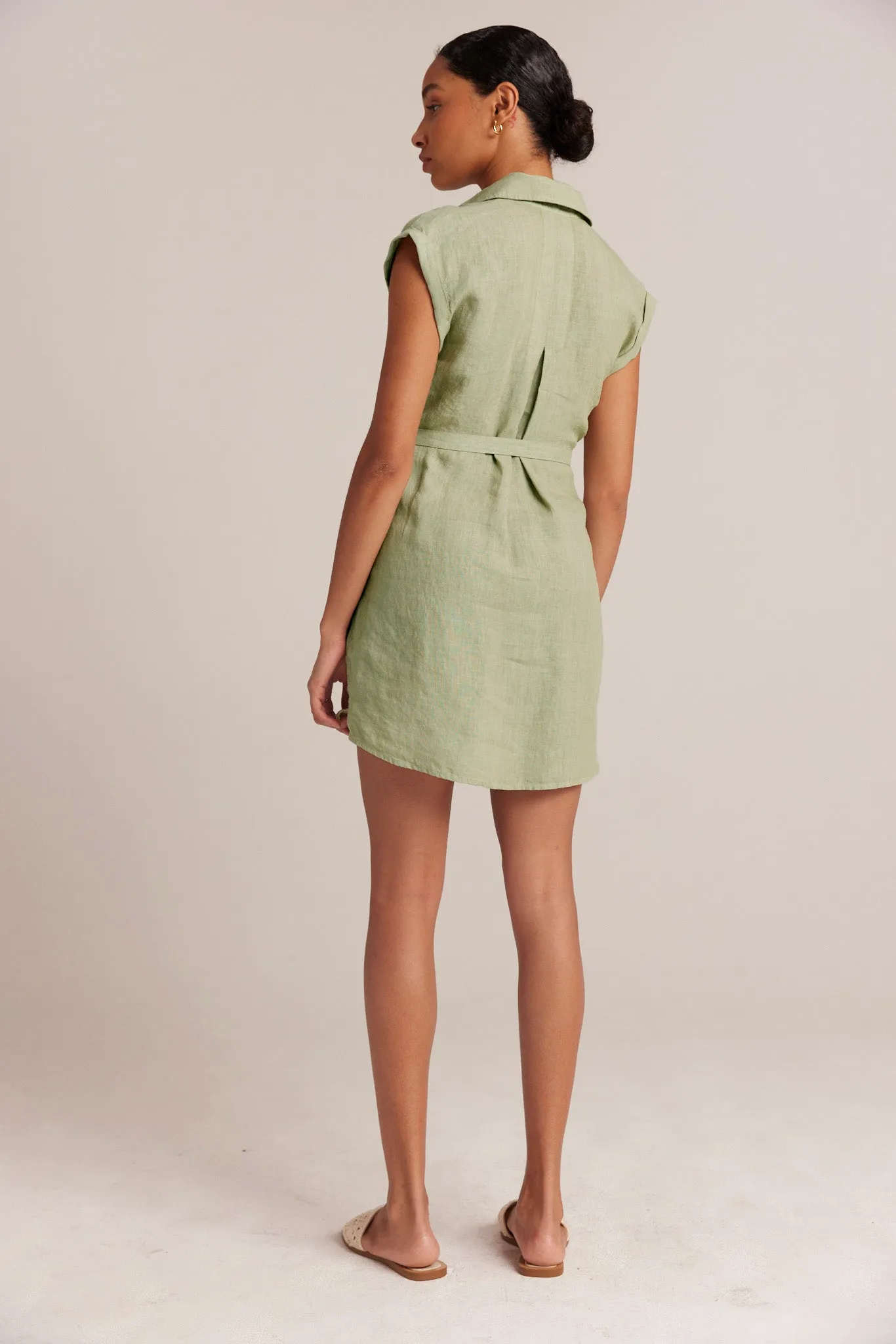 Belted Linen  Shirt Dress - Pale Palm