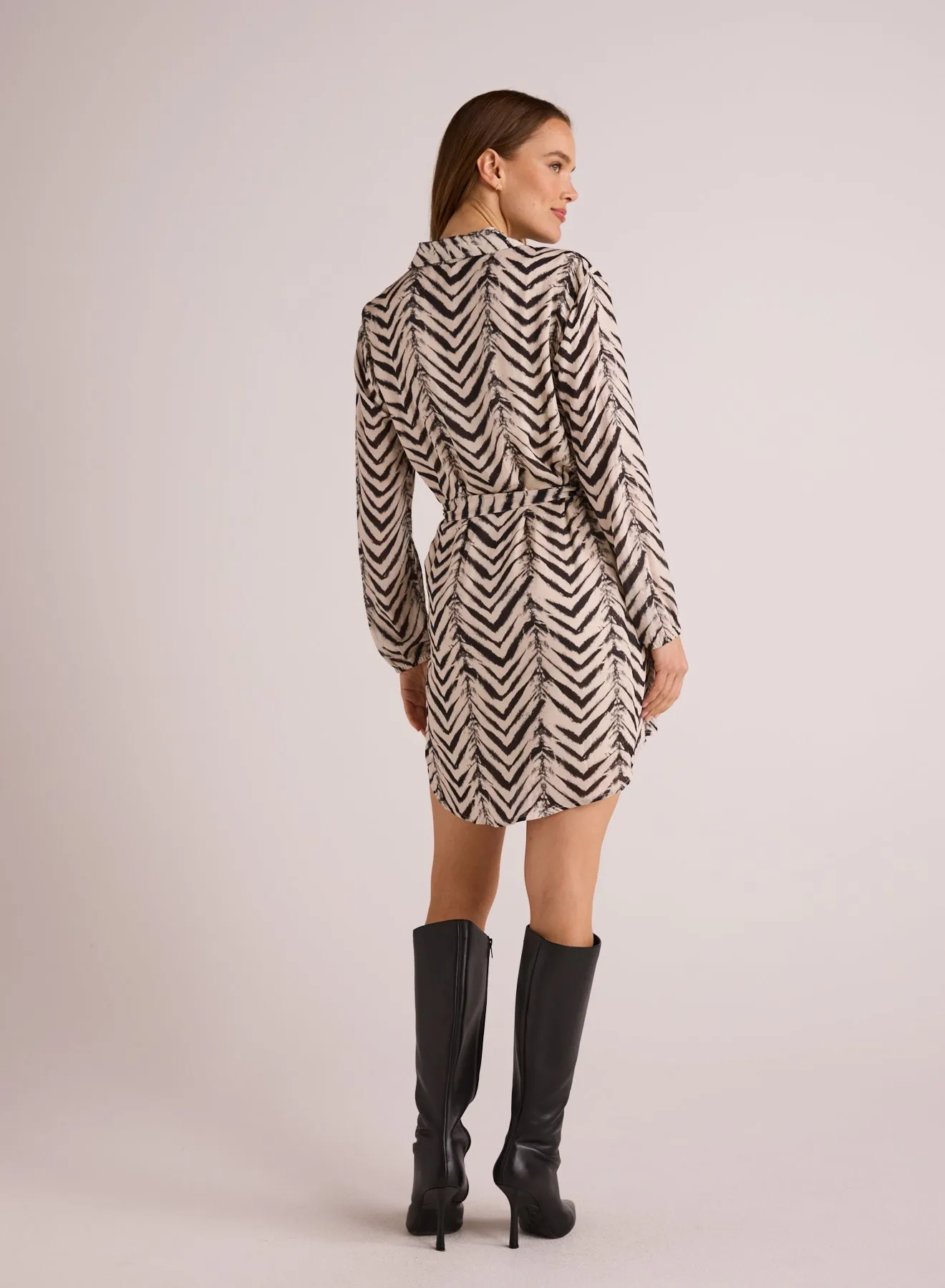 Belted Pullover Shirt Dress - Batik Chevron Print