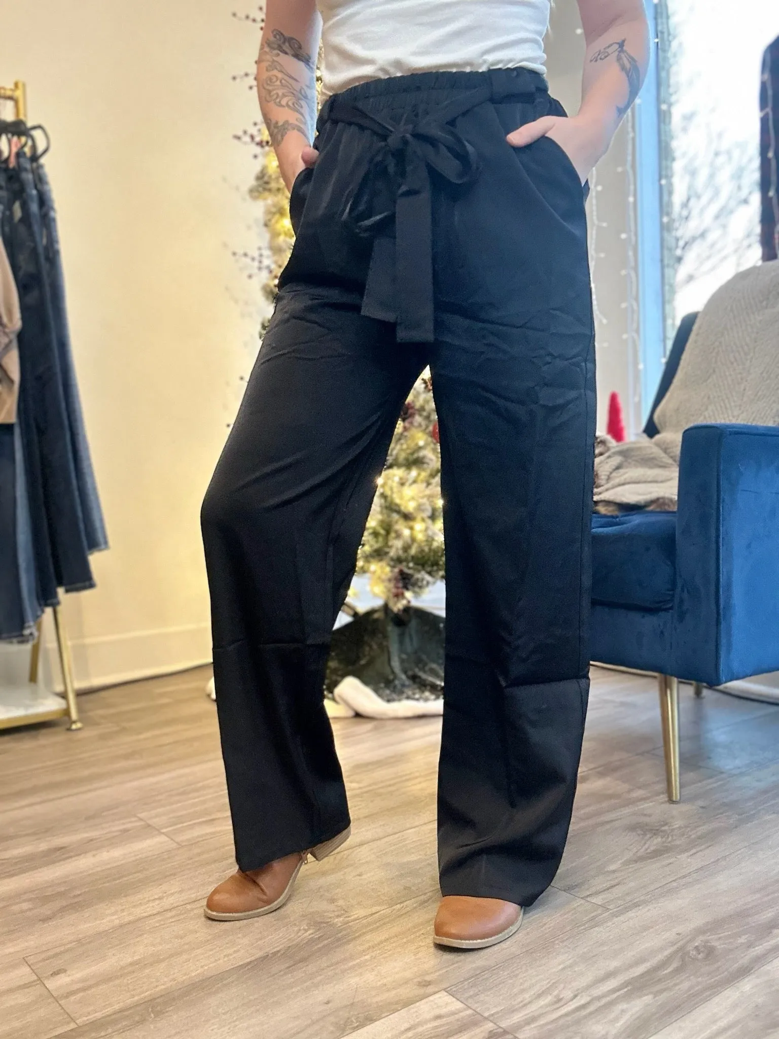 Black Satin Belted Trouser