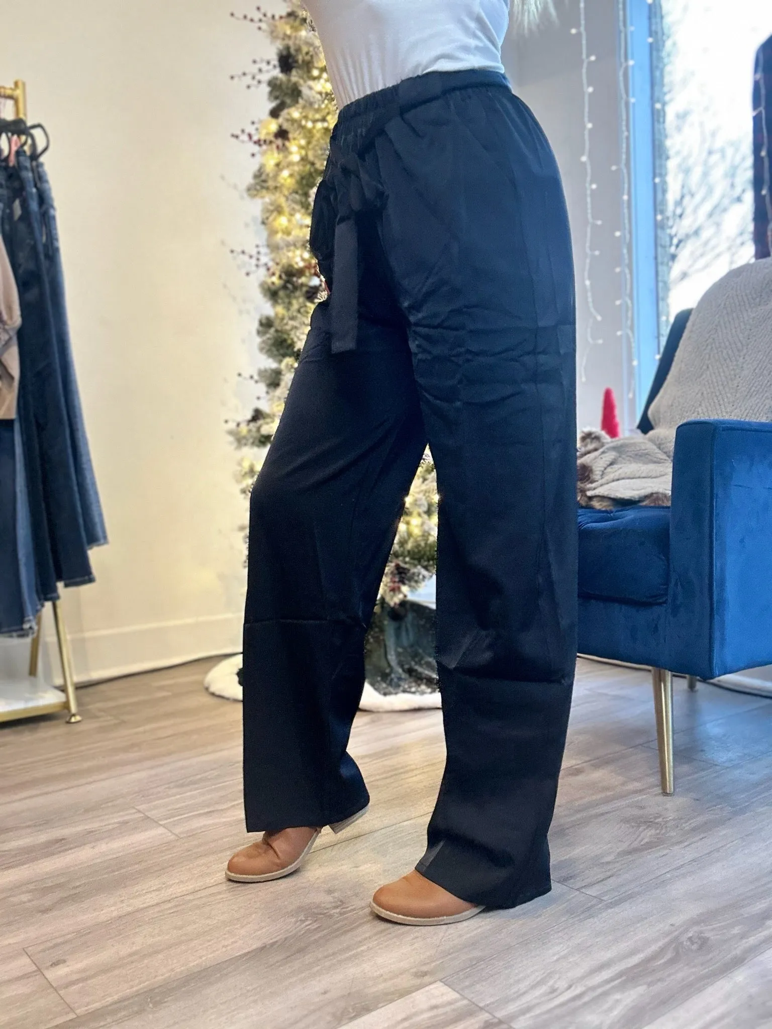 Black Satin Belted Trouser