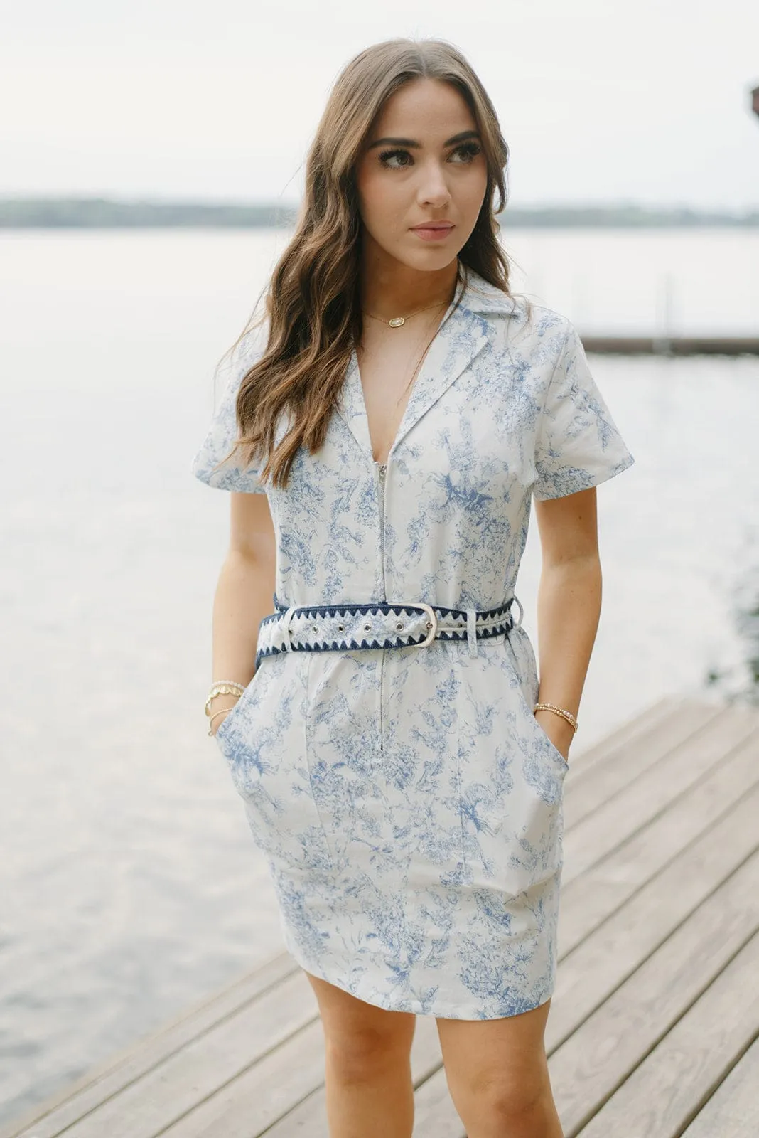 Blue Floral Belted Denim Dress