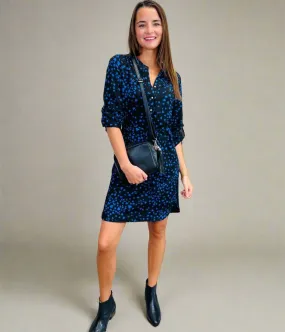 Blue Heart Print Belted Shirt Dress