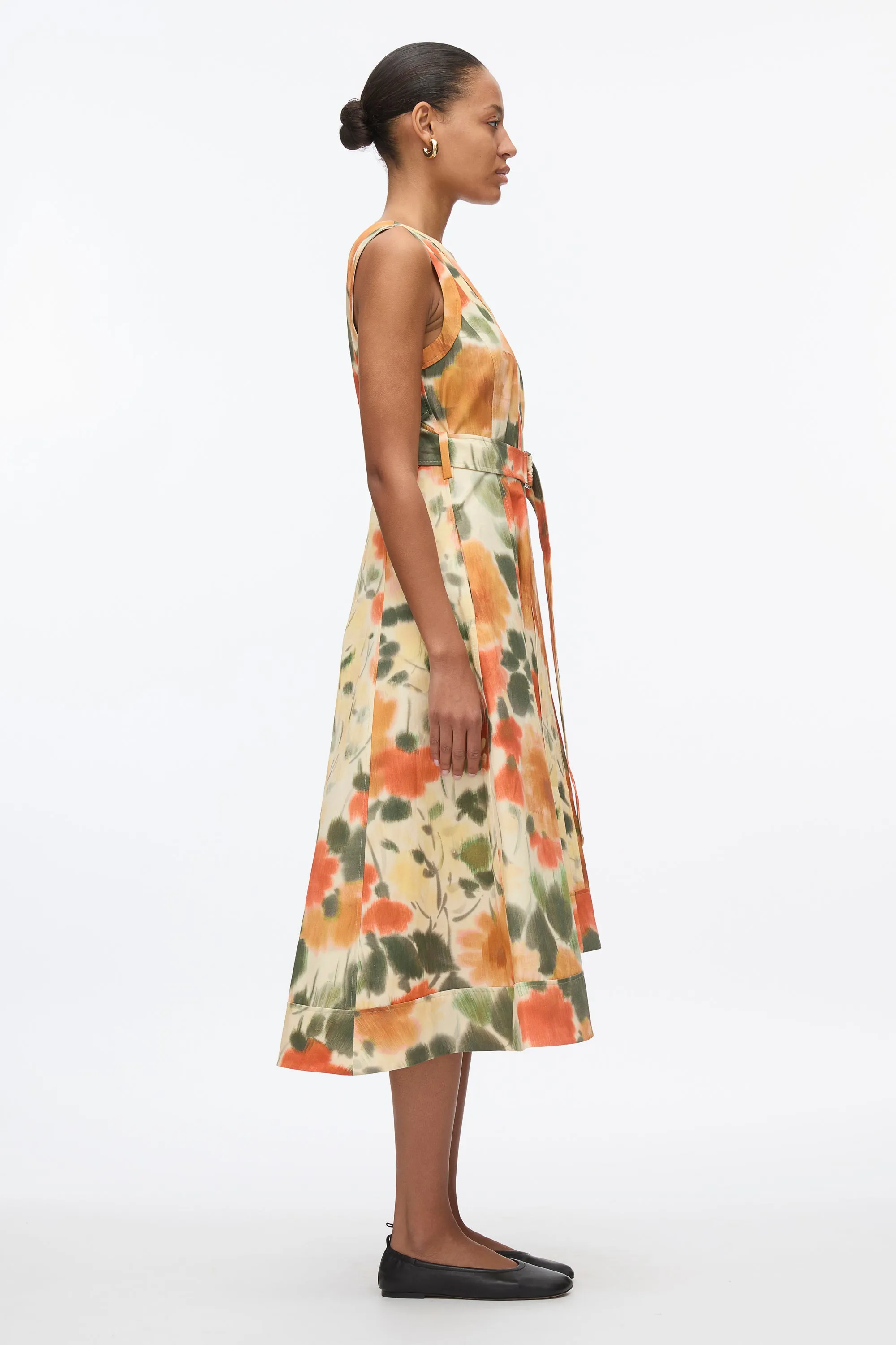 Blurred Marigold Belted Midi Dress