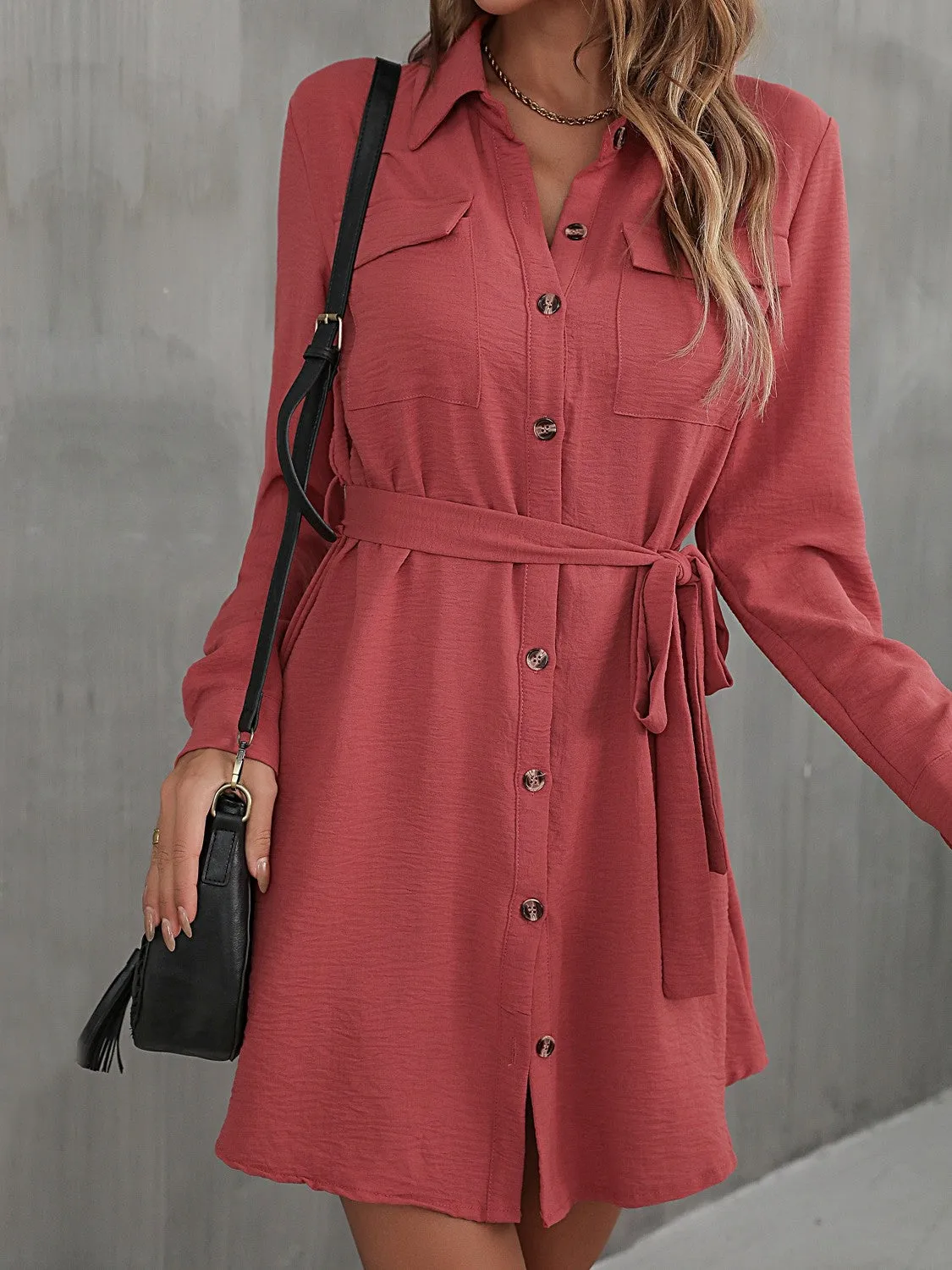 Button Down Belted Long Sleeve Shirt Dress