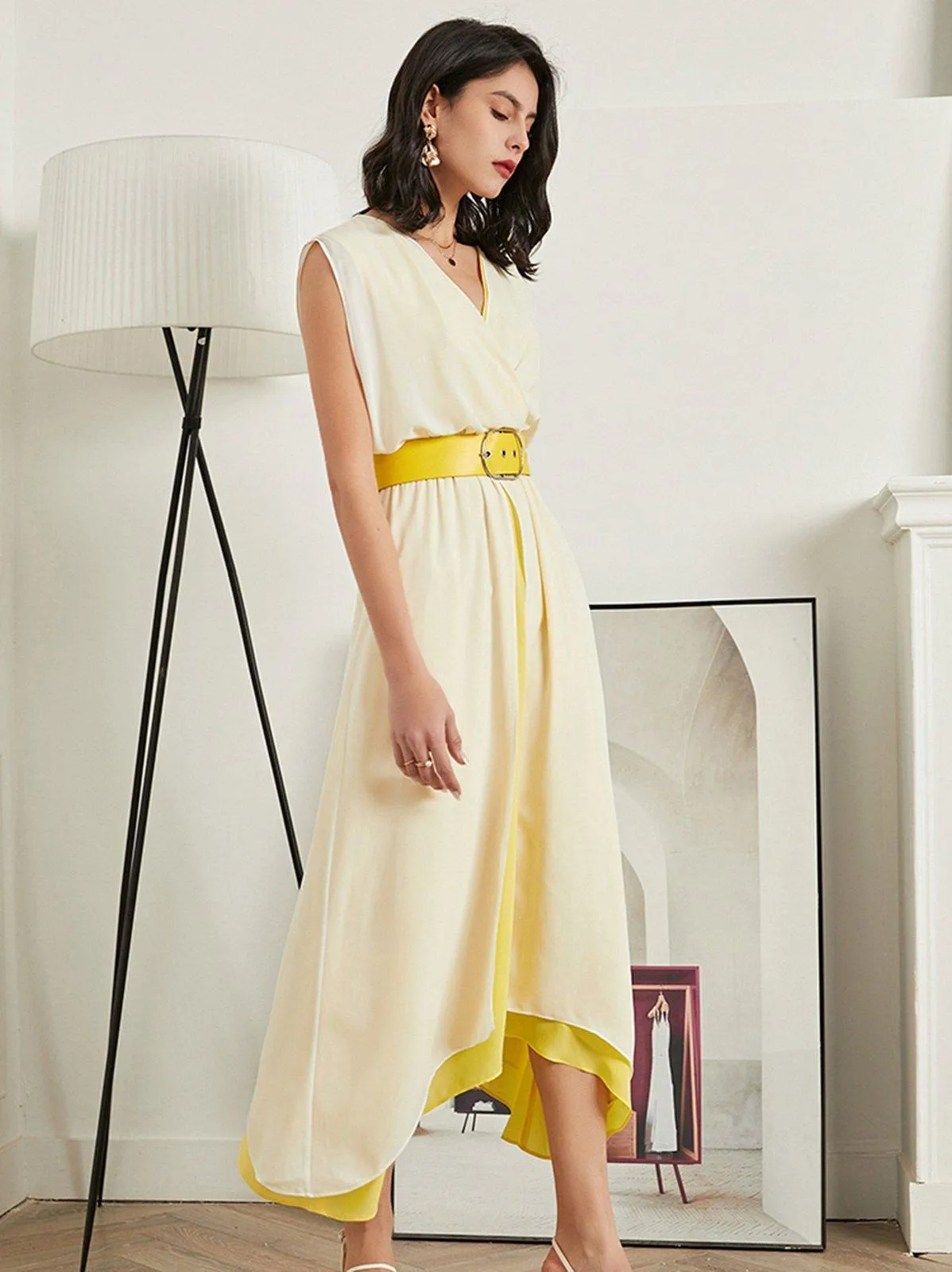 Chiffon Double Tiered Belted Sleeveless Maxi Dress