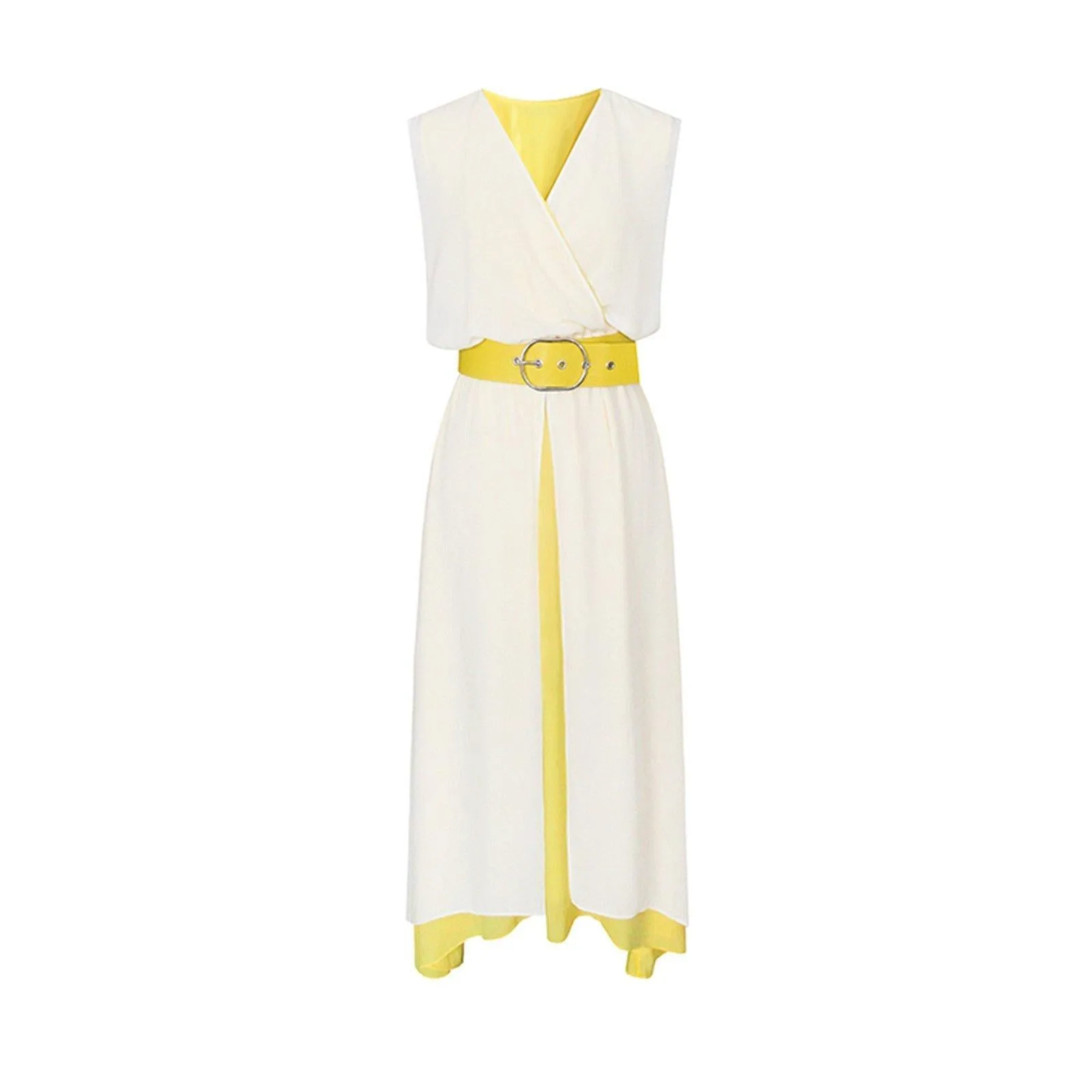 Chiffon Double Tiered Belted Sleeveless Maxi Dress