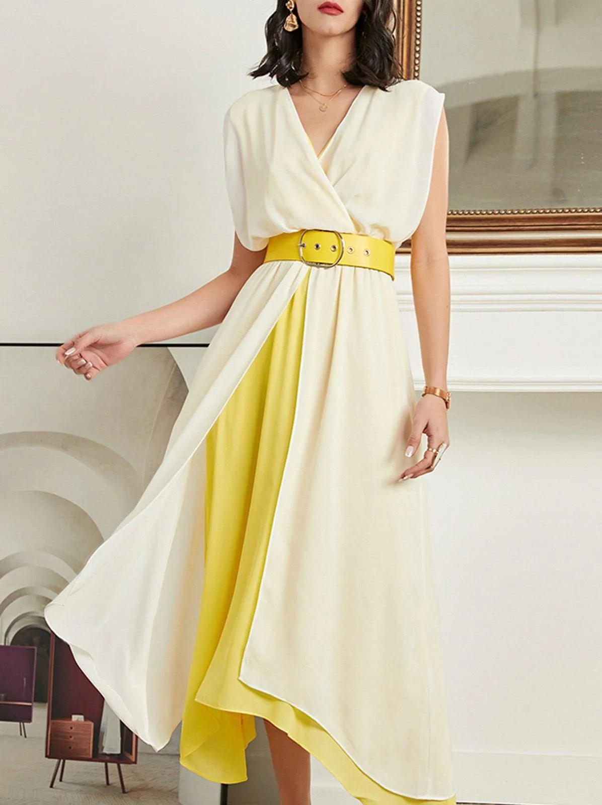 Chiffon Double Tiered Belted Sleeveless Maxi Dress