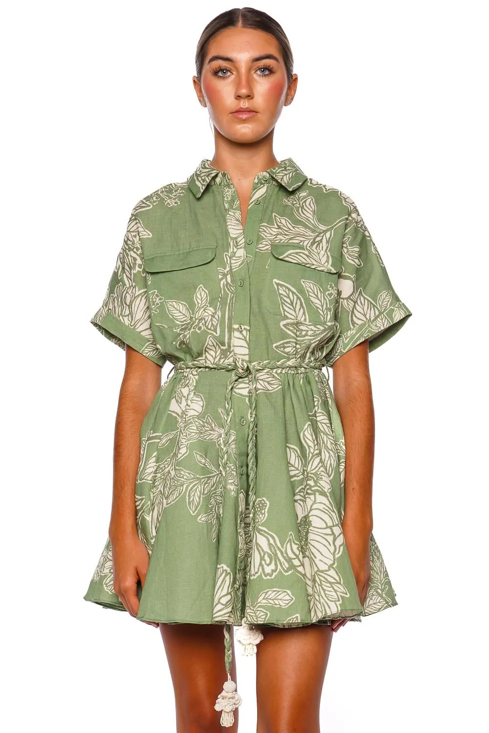 Dara Green Palm Belted Mini Shirt Dress