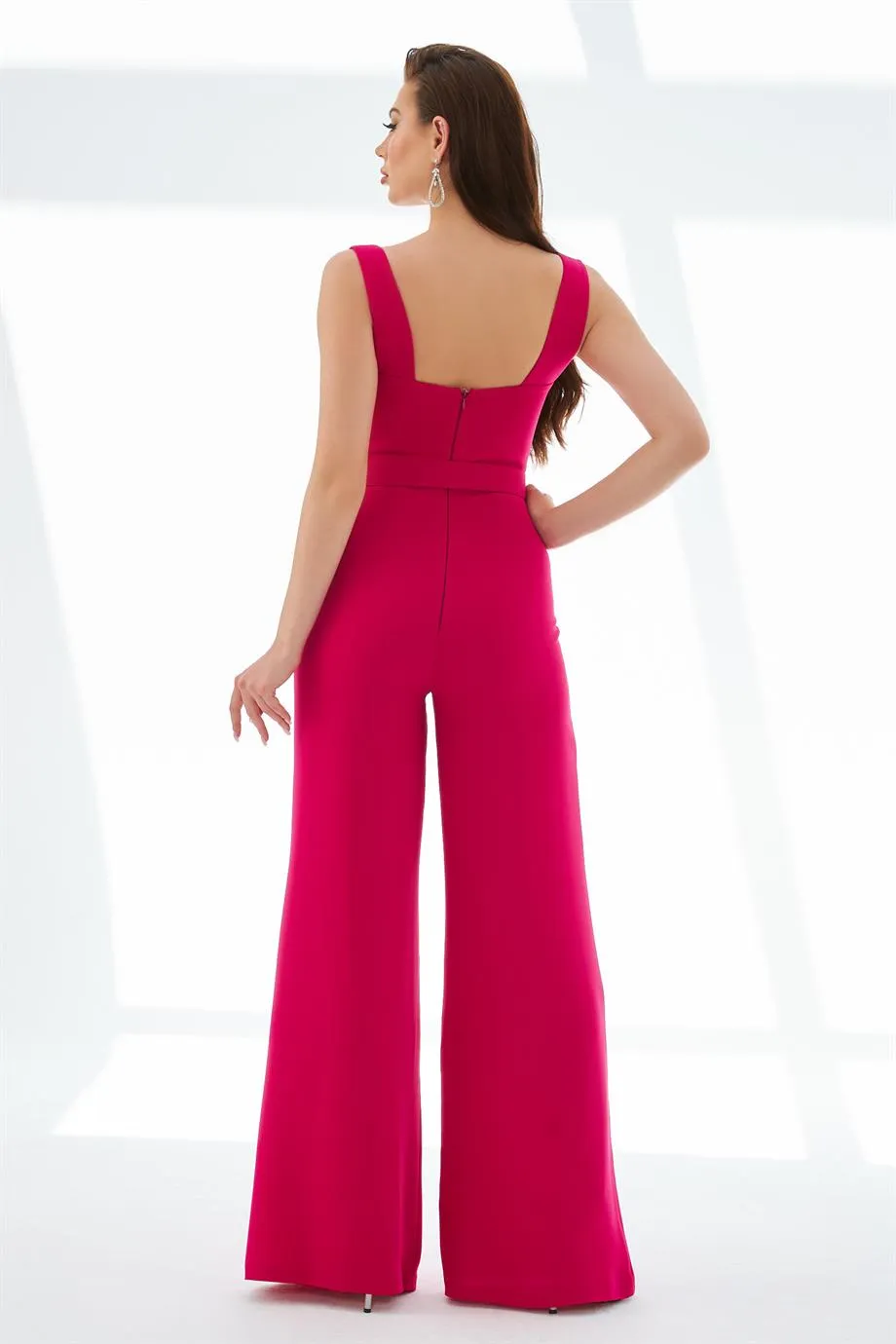 Fuchsia Crepe Belted Long Jumpsuit