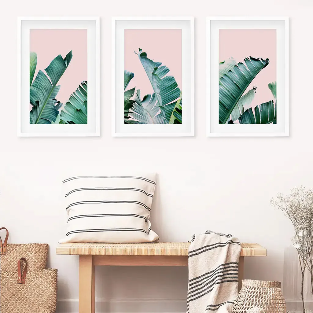 Green Banana Leaves on Pink. Tropical Triptych