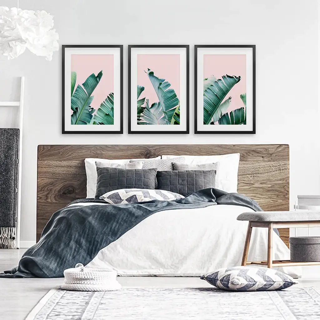 Green Banana Leaves on Pink. Tropical Triptych