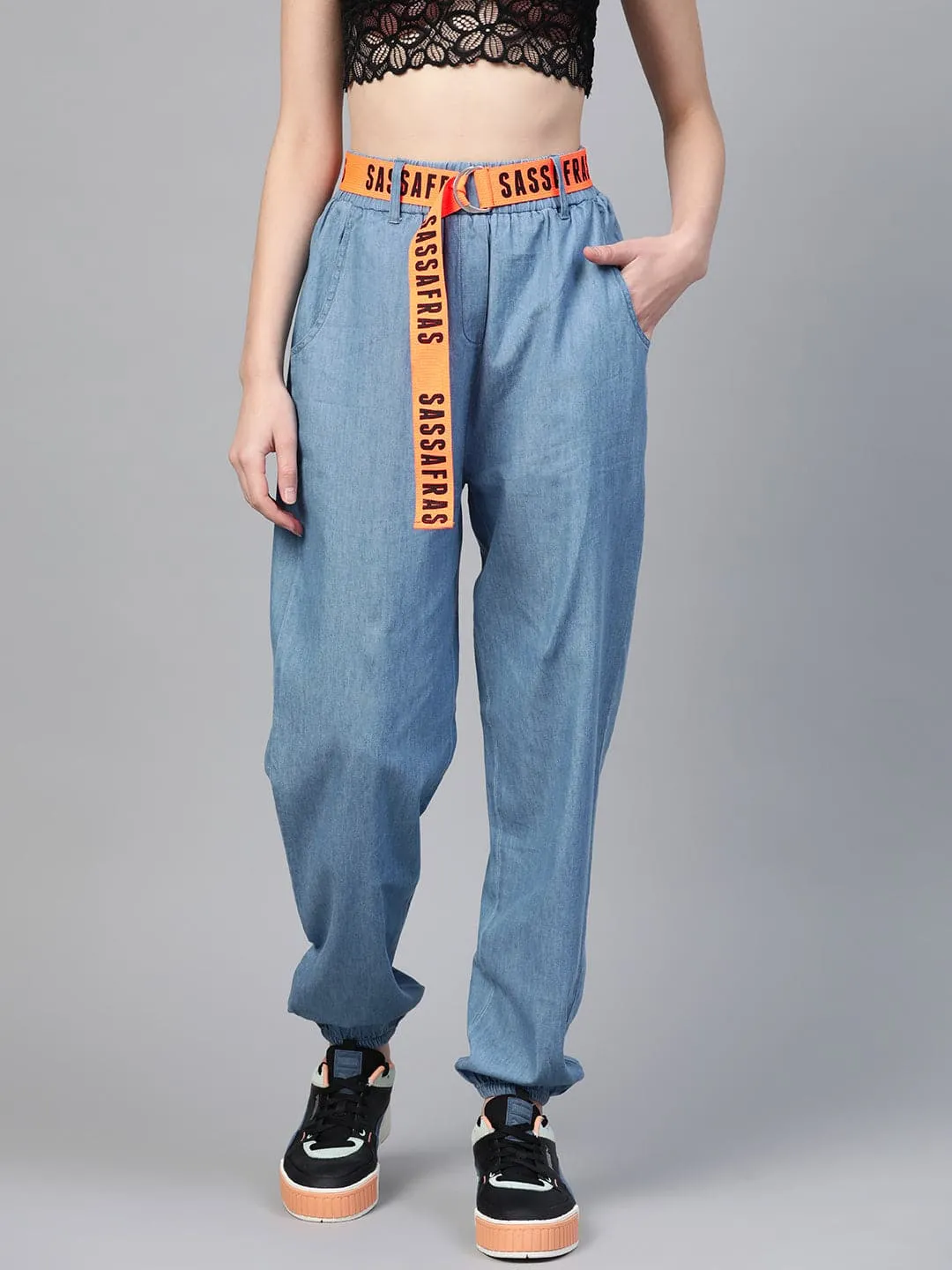 Ice Blue Contrast Belted Denim Jogger