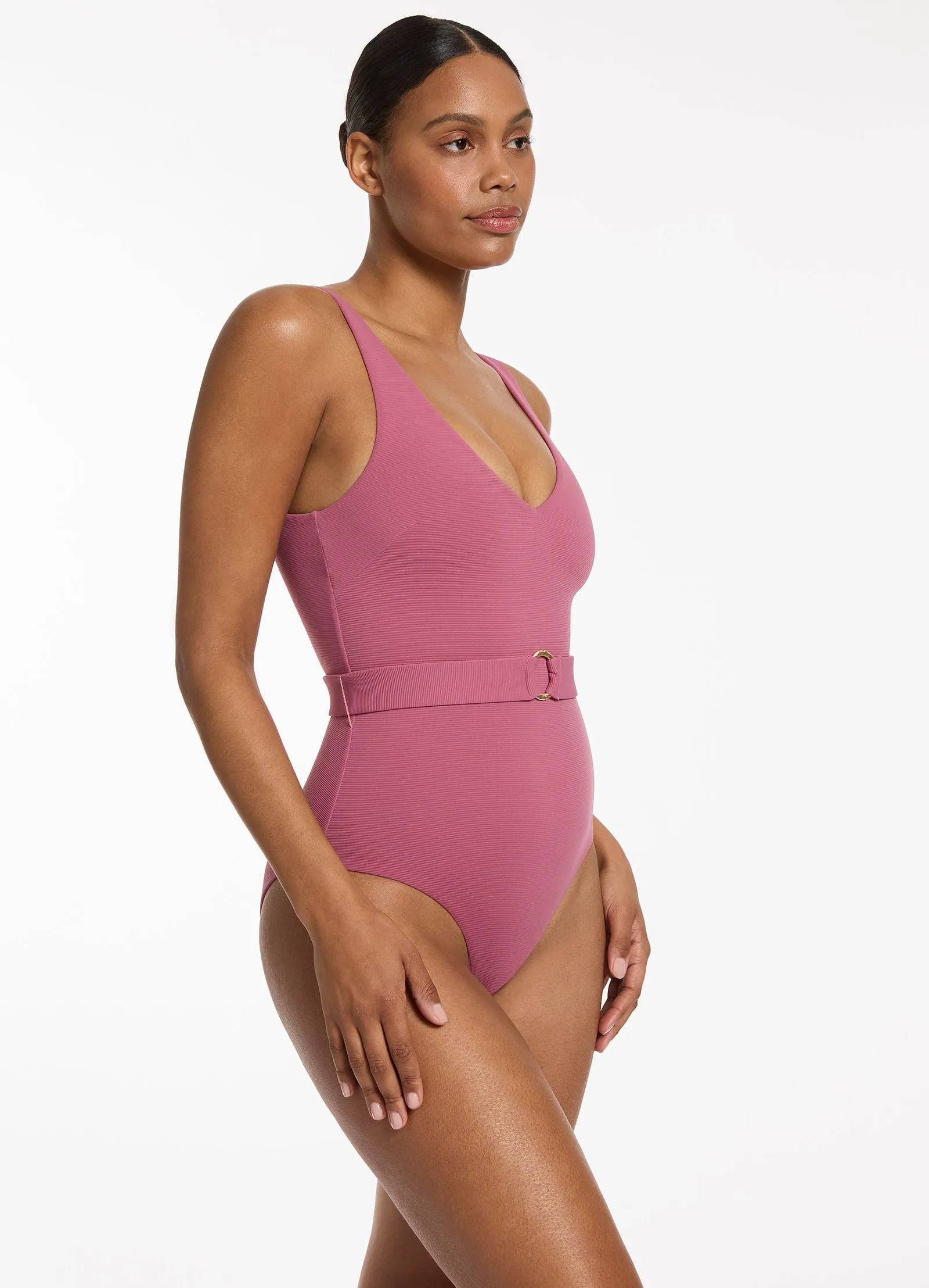 Isla Rib V-Neckline Belted One Piece - Mauve