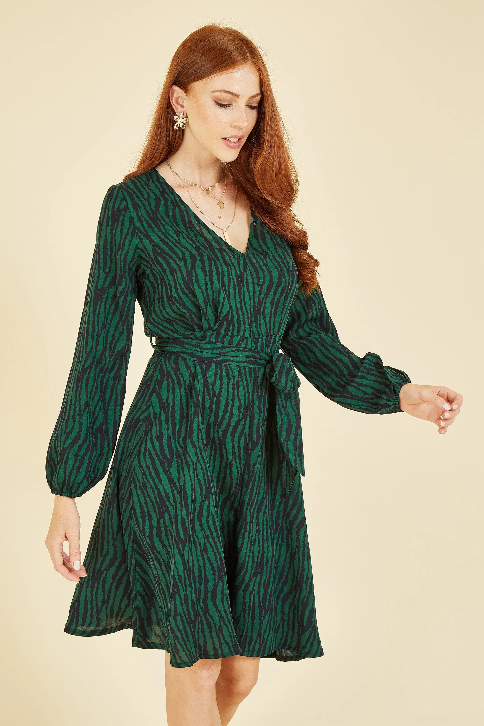 Mela London Green Zebra Belted Midi Dress