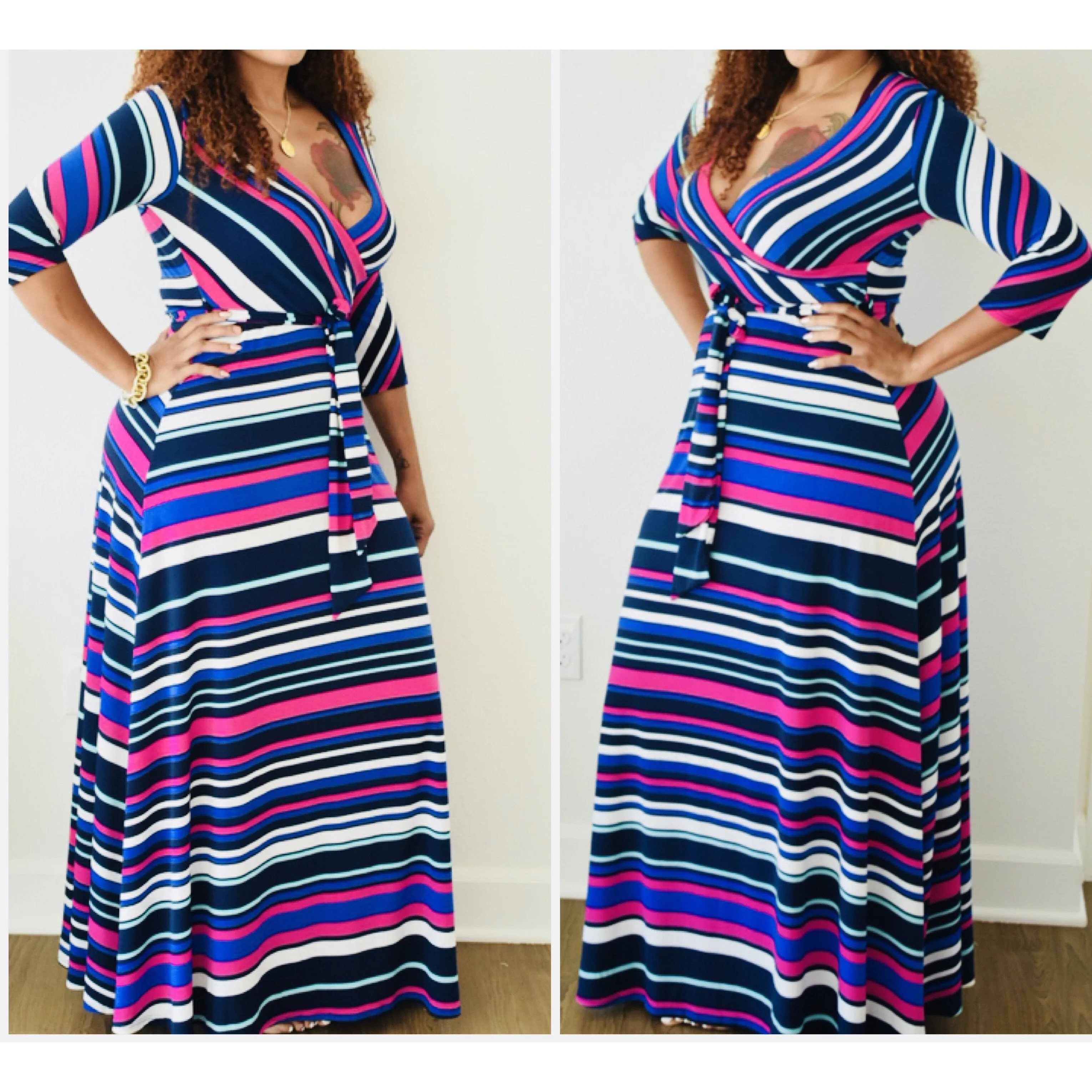 New Vibrant Striped Belted Faux Wrap Maxi Dress