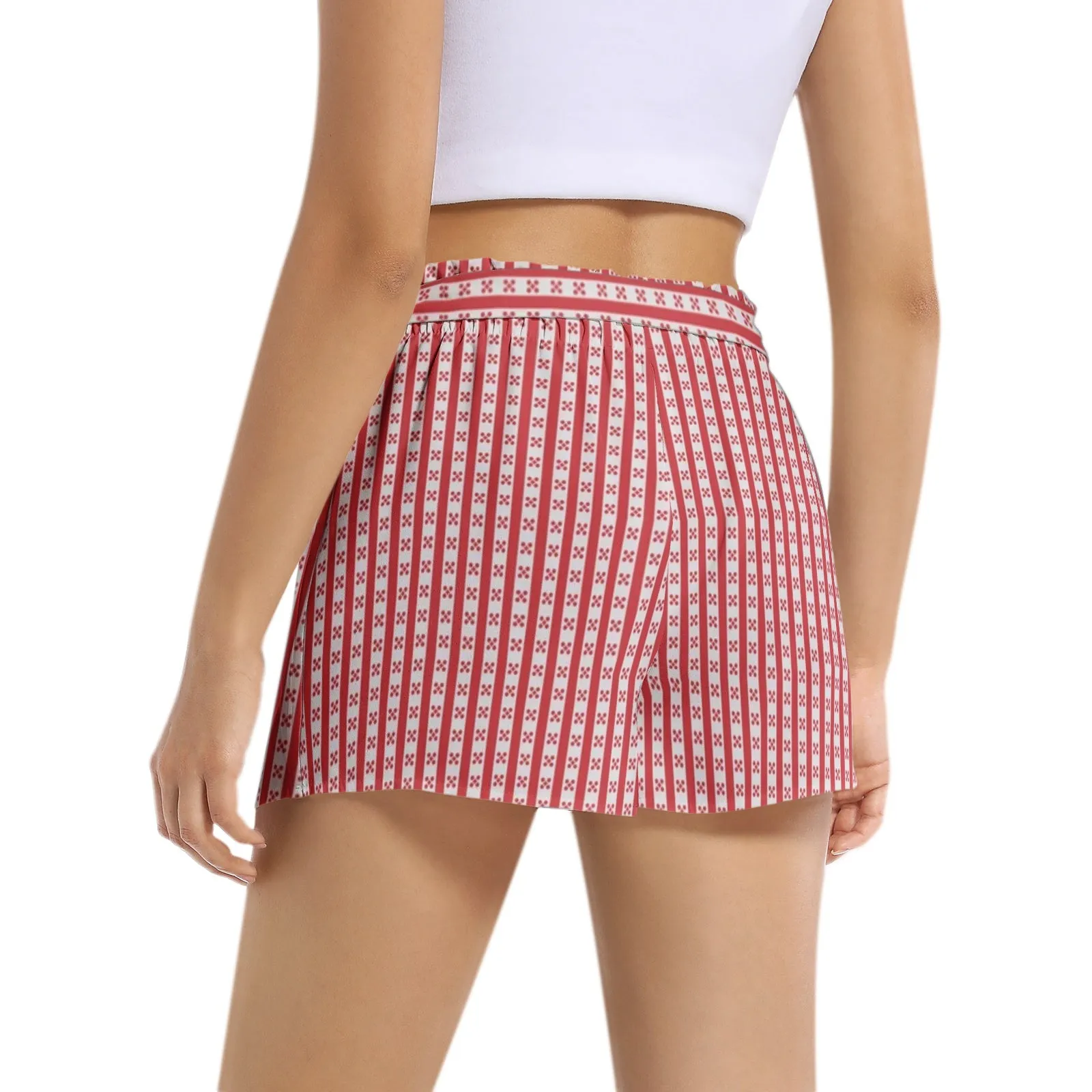 Red Gingham Striped Women's Belted Short