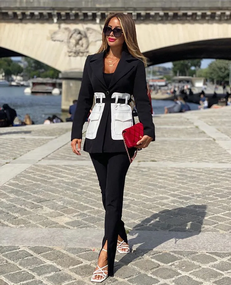 SHANA BLACK & WHITE BELTED BLAZER WITH LARGE POCKETS