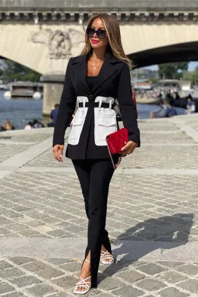 SHANA BLACK & WHITE BELTED BLAZER WITH LARGE POCKETS