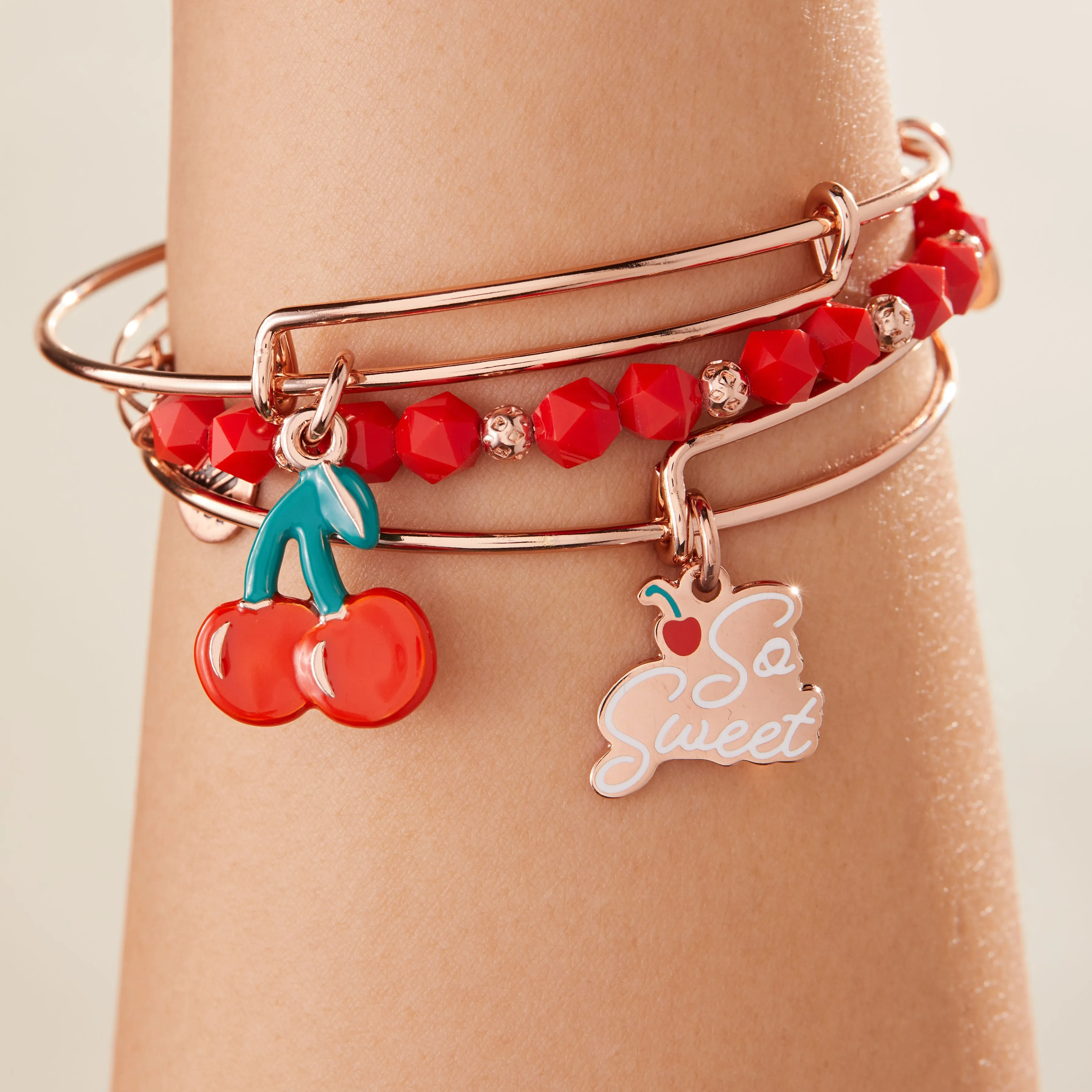 'So Sweet' Cherry Charm Bangles, Set of 3