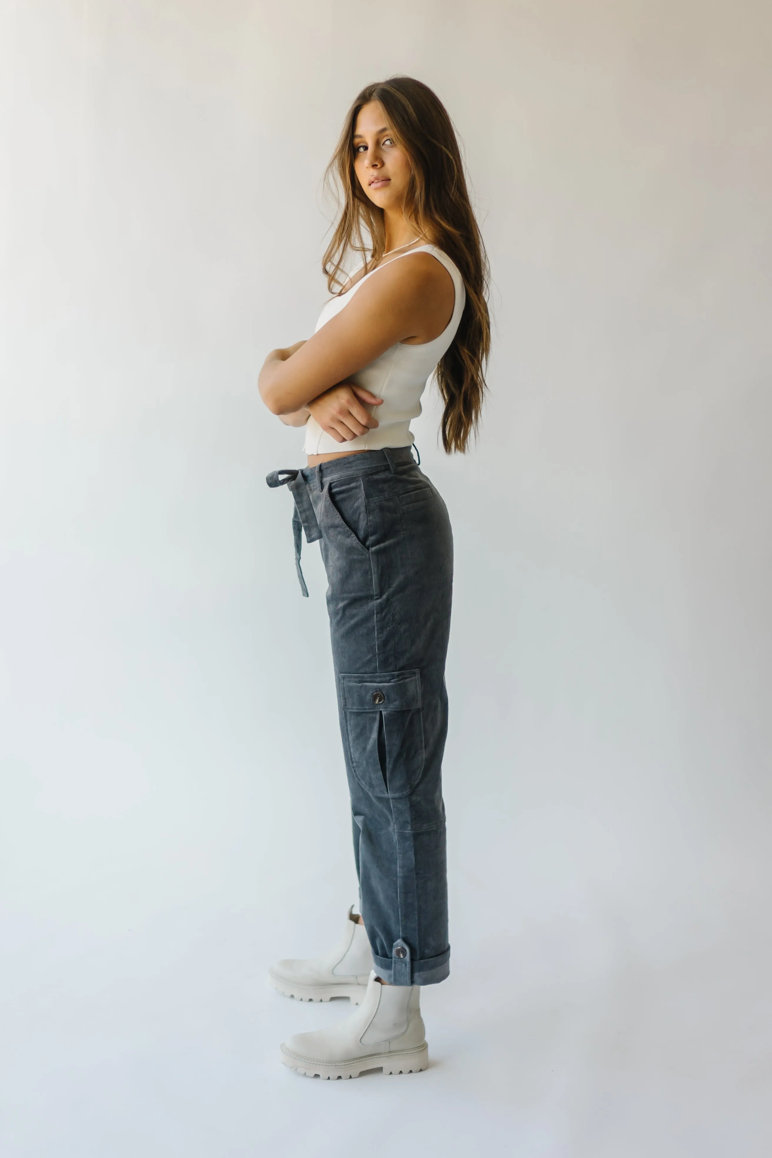 The Hamlin Belted Corduroy Pant in Grey