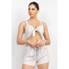 Tie-front Striped Crop Top & Belted Shorts Set