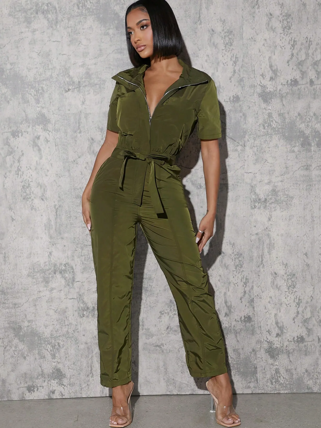 Zip Up Belted Jumpsuit